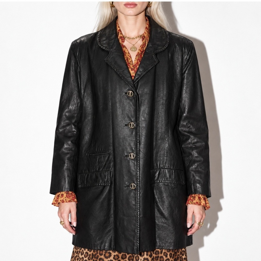 50s Vintage Leather Coat Womens L Black Button Front Samuel Robert Round Collar